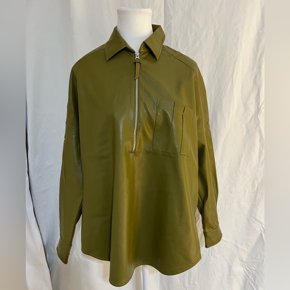 French Connection elegant avocado green leather zip up long sleeves top - Picture 1 of 7
